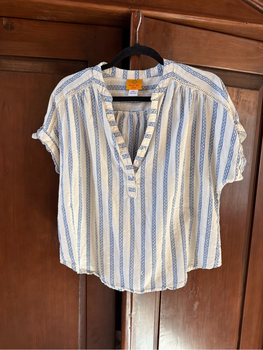 Ruby Rd. Cream and Blue Striped Peasant Blouse